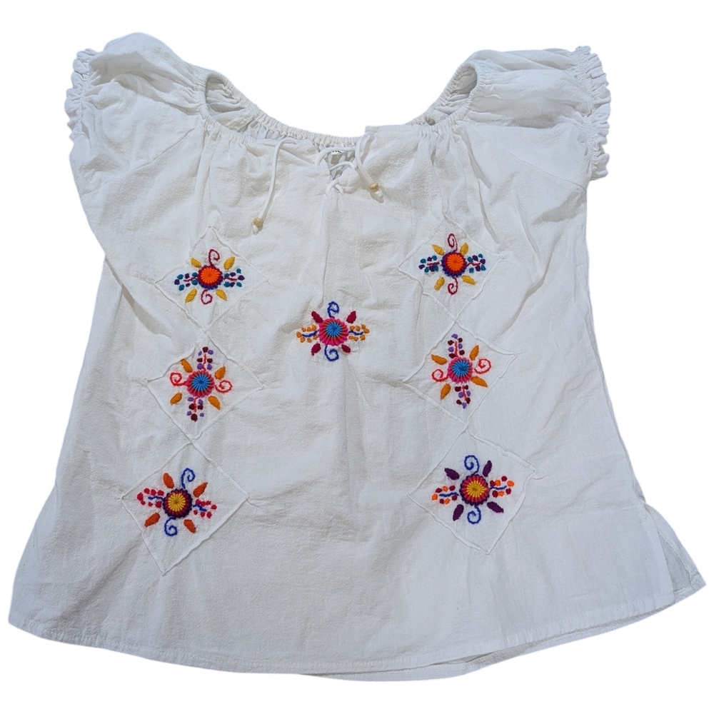 Embroidered White Cotton Peasant Blouse  Boho Floral Artisanal Women's Top XL
